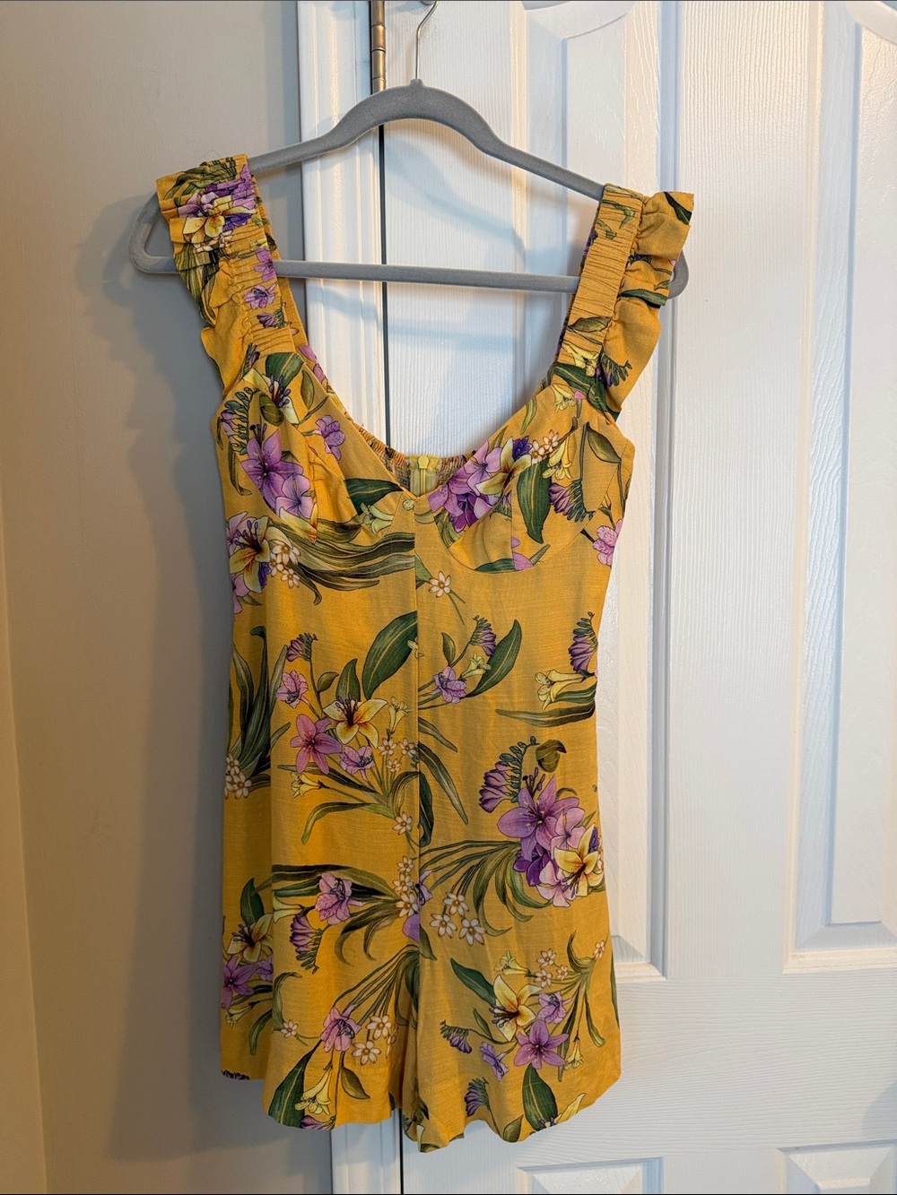 FARM Rio Yellow Floral Mini Dress Romper with Purple & Green Print
